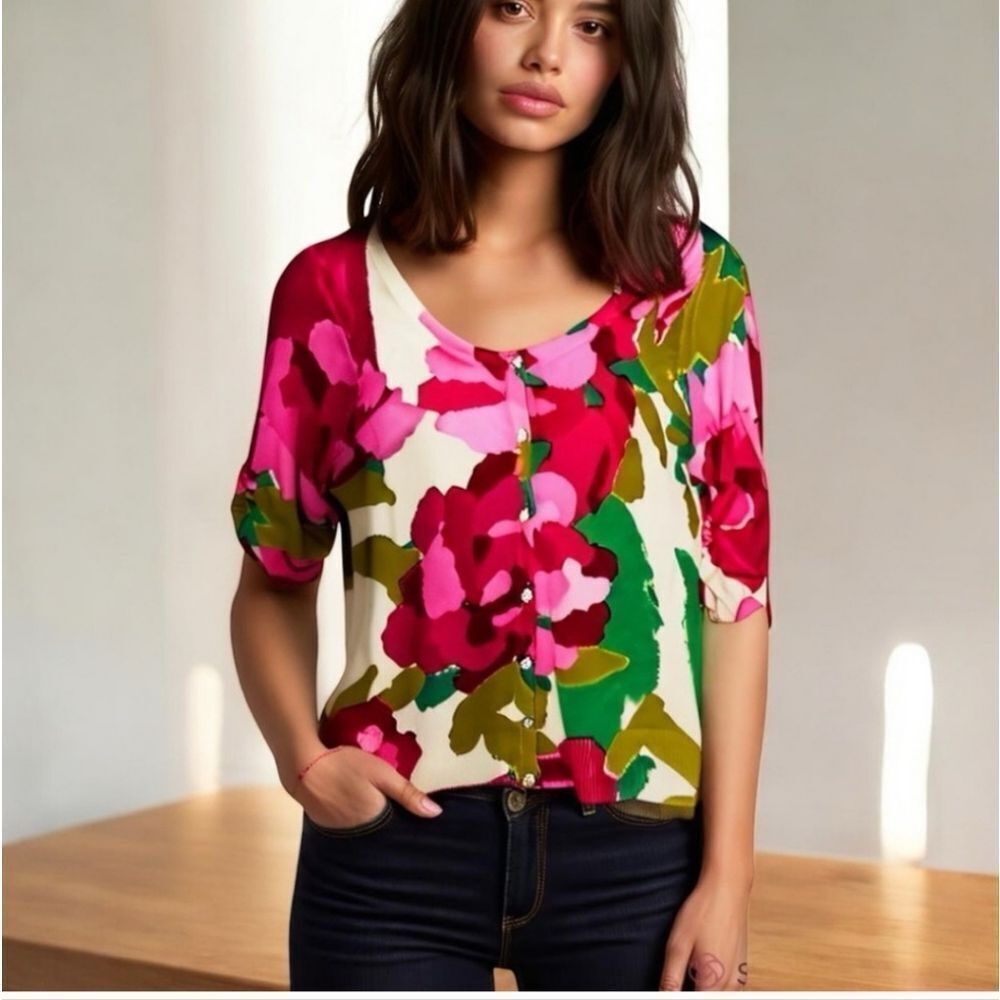 INC Floral Button Front Cardigan All Season Knit Sweater Delicate Flowers NWOT